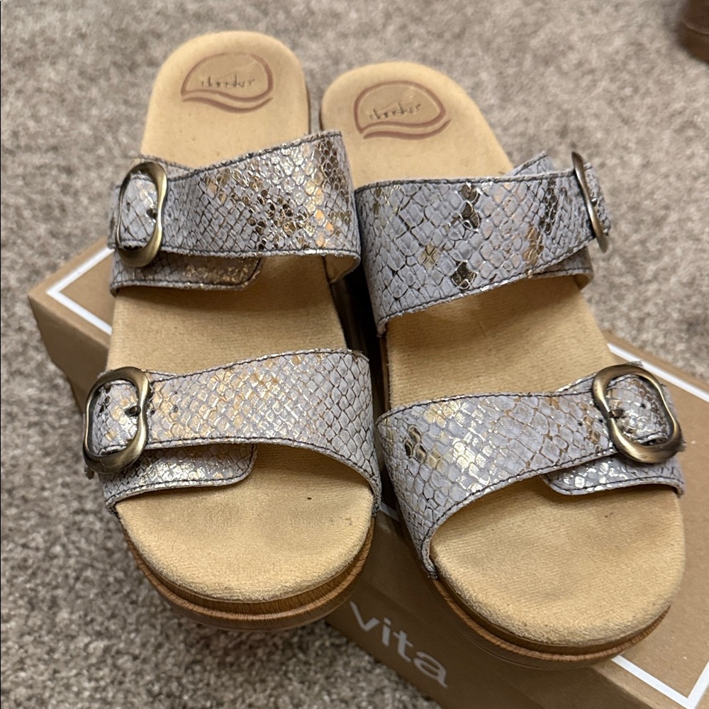 Dansko Sophie Sandals Silver Snake Print Sandals with Buckles